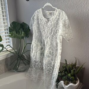 New Bloom Fashions Organza Sheet Floral White Lace Midi Dress EUC Sz Xl
